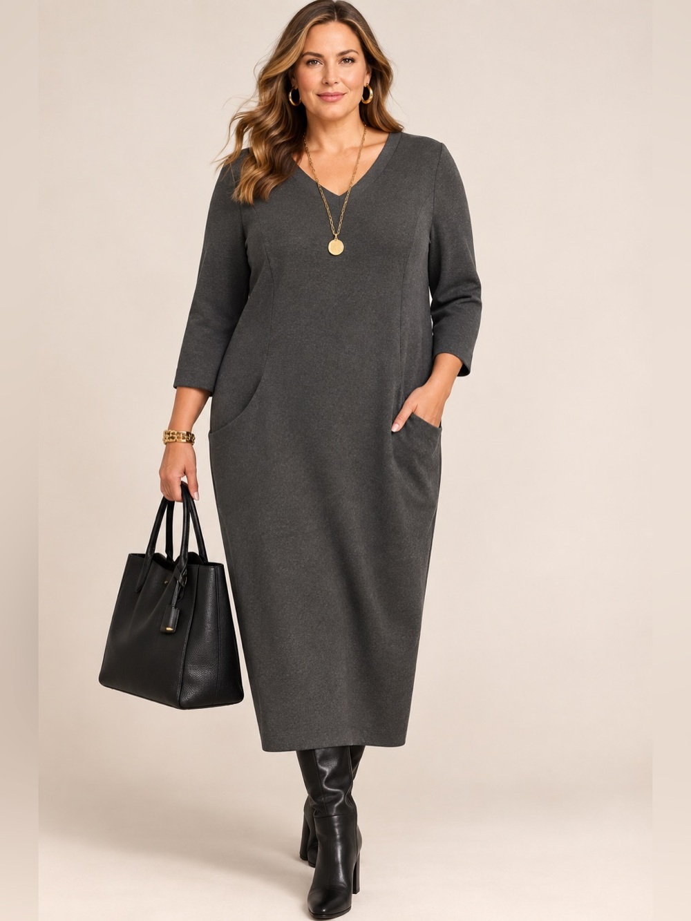 Lafayette 148 New York Charcoal Gray Stretch Midi Dress Pockets 16